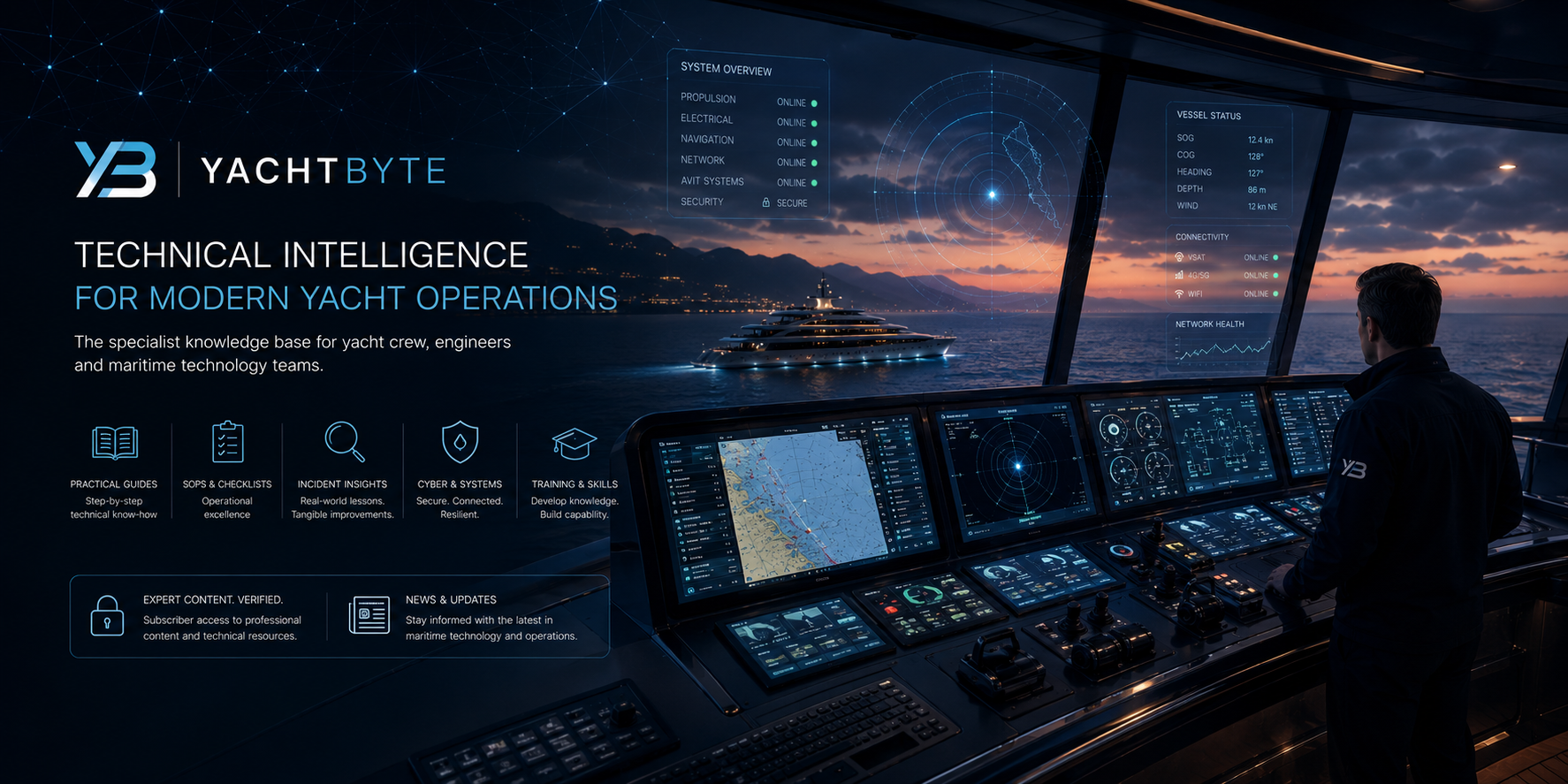 YachtByte technical intelligence banner showing a yacht bridge, systems dashboards, and maritime knowledge base features